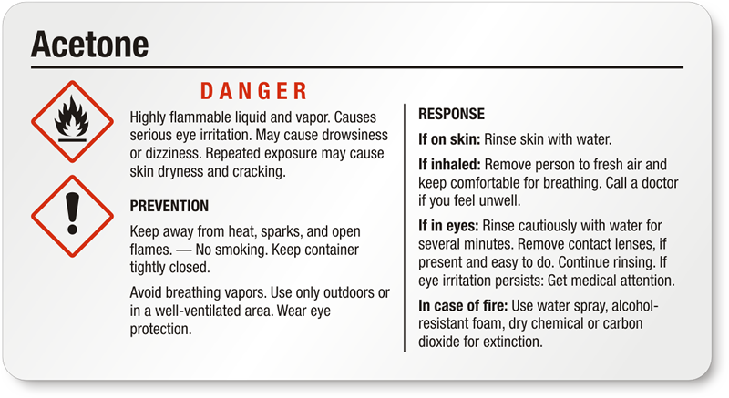 Small GHS Acetone Label SKU GHS 001 C