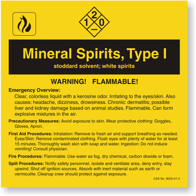 Right-to-Know Chemical Mineral Spirits, Type I Label, SKU: LB-1584-087