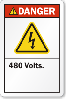 480 Volts ANSI Danger Label with Bolt Symbol
