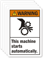 Warning: Machine Starts Automatically (ANSI style) Label