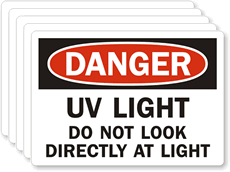 Avoid Direct Sublight Label UV Light Do Not Look Directly At Light Labels, Pack of 5, SKU: L-0099-VS