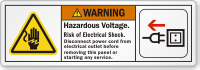 Hazardous Voltage Disconnect Power Cord ANSI Warning Label