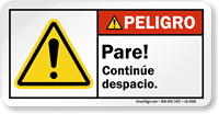 Pare Continue Despacio Spanish ANSI Peligro Label