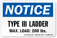 Type III Ladder, Max Load: 200 LBS Label